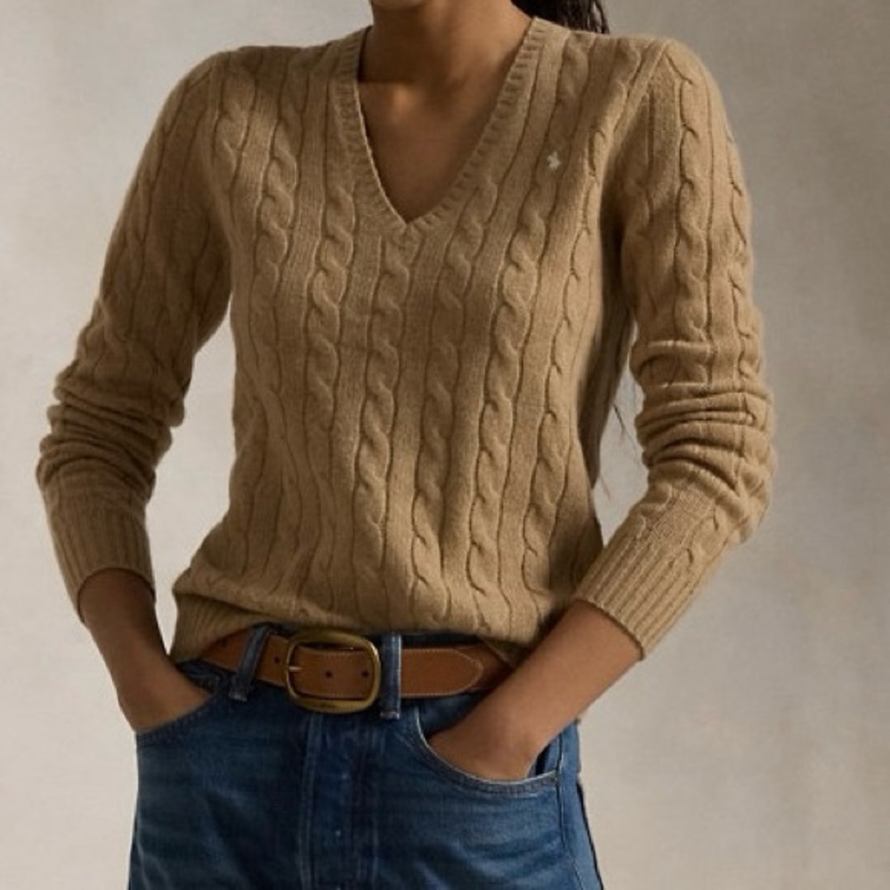 Cable Knit V-Neck Sweater - Tan